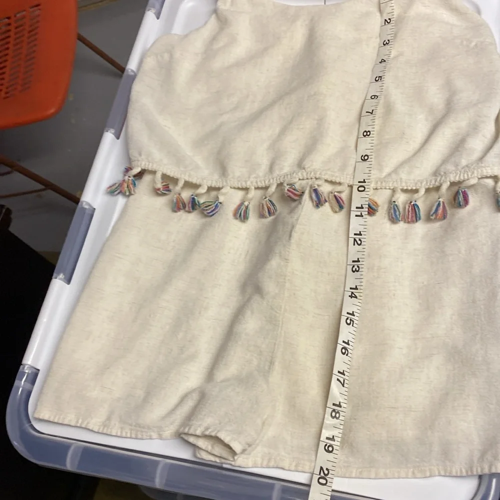 PAPER CRANE Anthropologie Rainbow Fringe Tassel Linen Cream Romper Womens Small - Picture 7 of 8